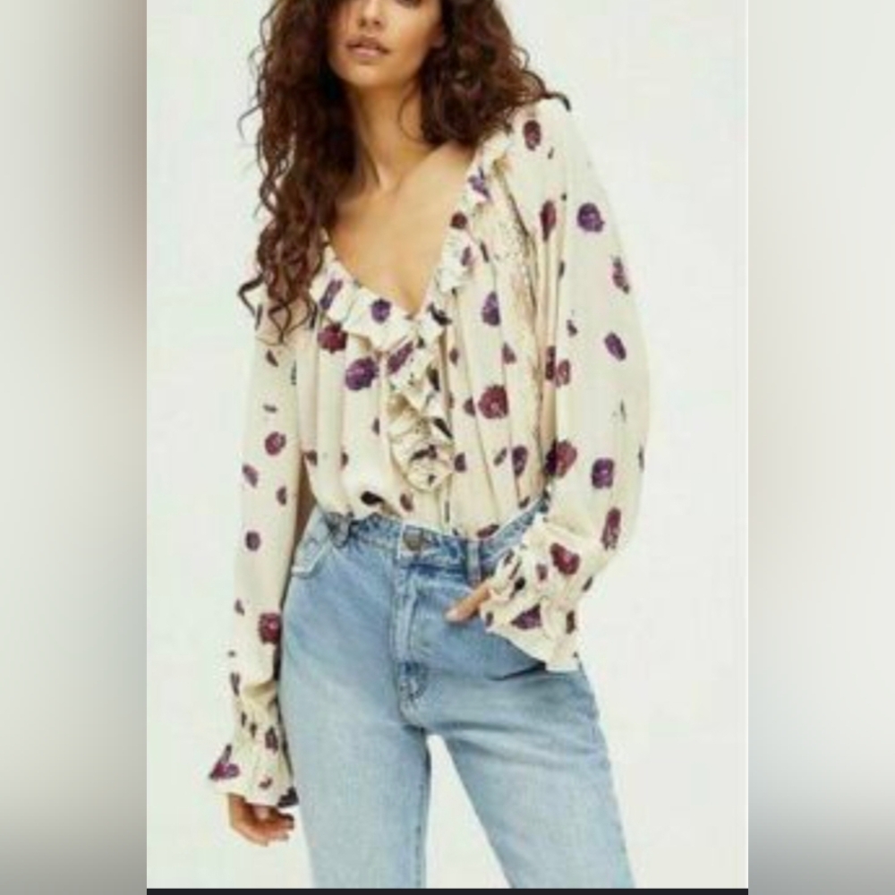Free People Poppy Floral Ruffle Blouse Bodysuit.  Medium. Victorian, Feminine